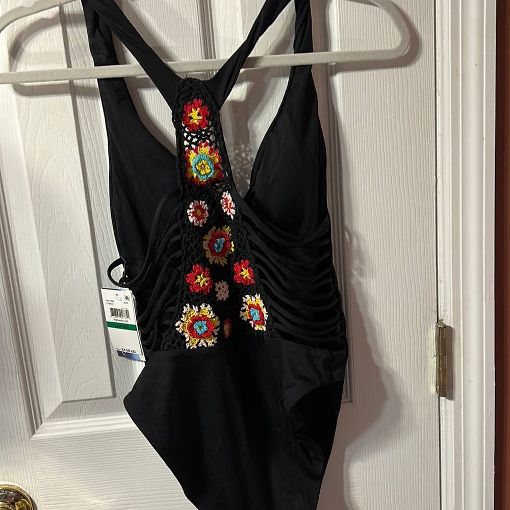 NWT Isabella Rose  black one piece swimsuit with crochet floral T back
